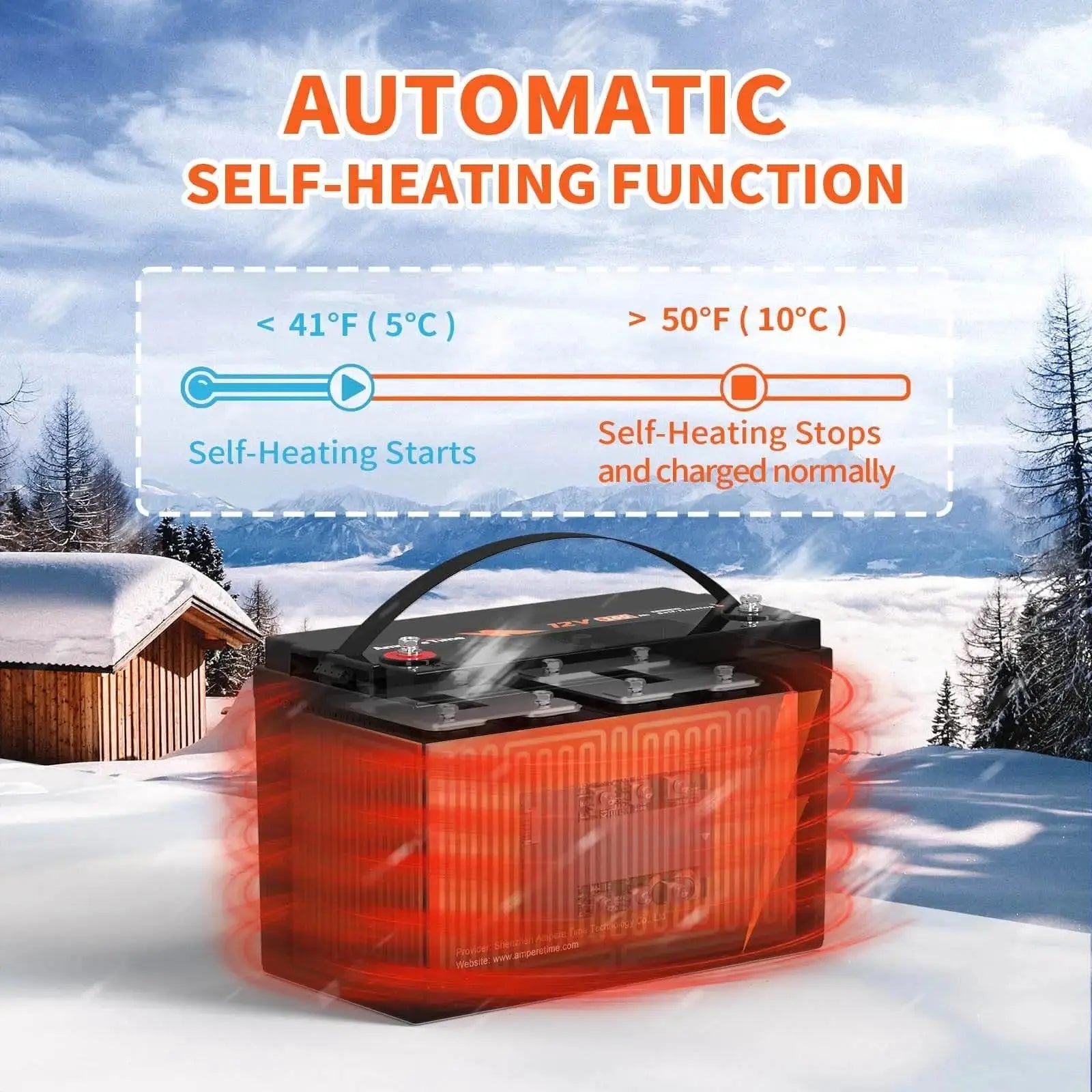 Ampere Time 12V 100Ah Lithium Battery with Self-Heating Low Temperature Charging (-4℉/-20°C)