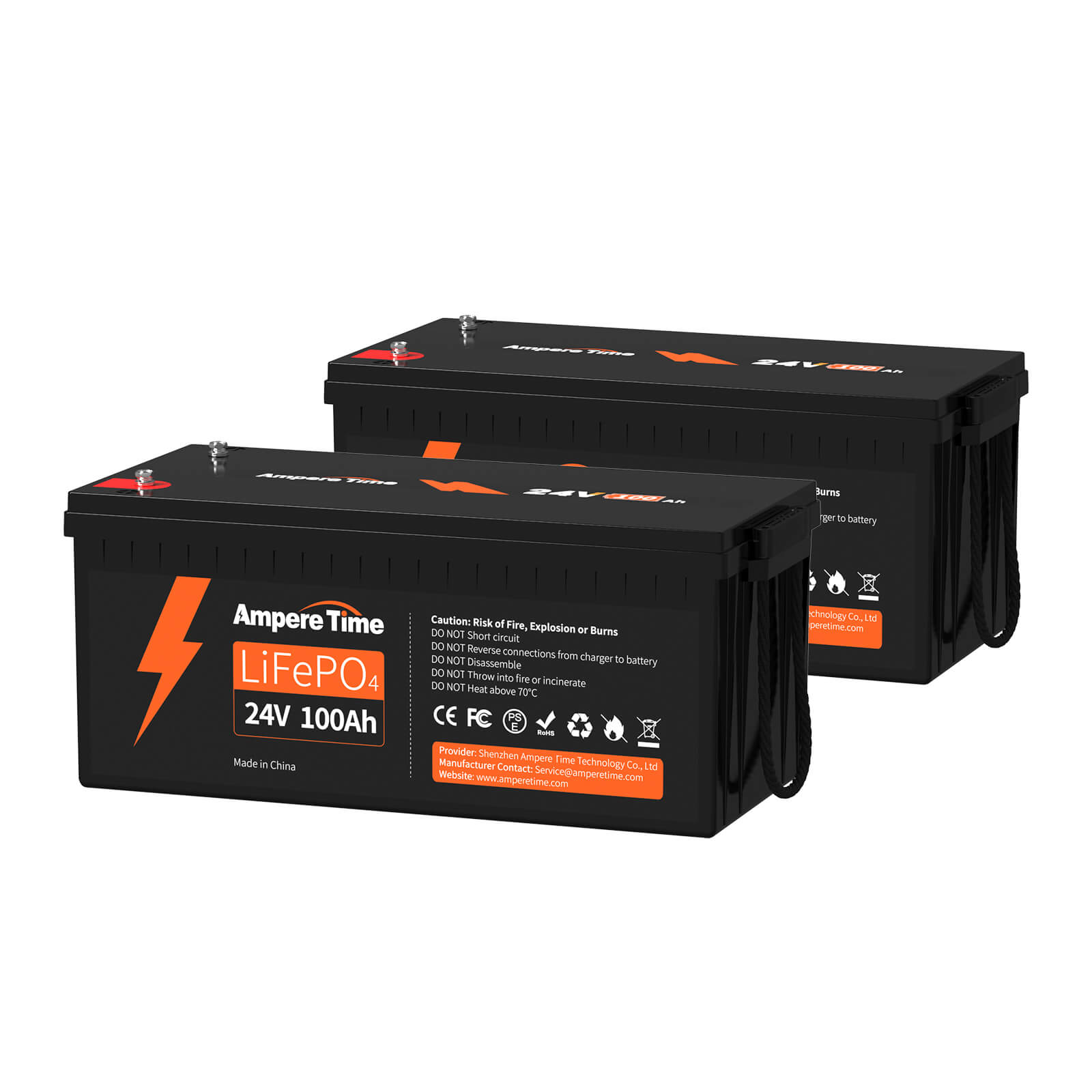 Ampere Time 24V 100Ah, 2560Wh Lithium LiFePO4 Battery & Built in 100A BMS