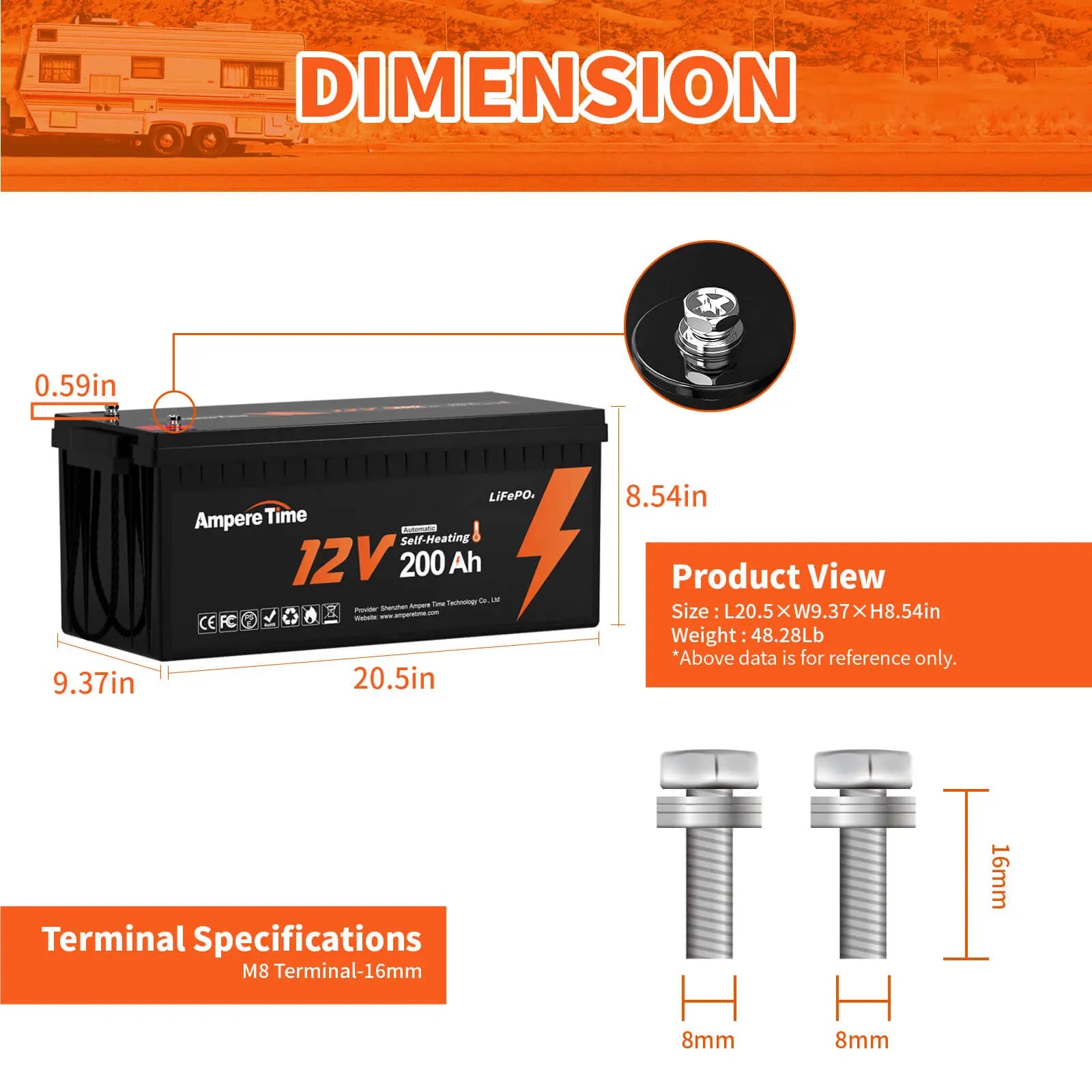 Ampere Time 12V 200Ah Lithium Battery with Self-Heating Low Temperature Charging (-4℉/-20°C)